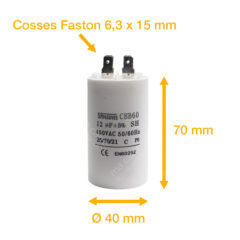 Condensateur 12uF (µF) démarrage / permanent pour moteur – Cosses Faston 6,3mm