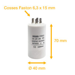 Condensateur 14uF (µF) démarrage / permanent pour moteur – Cosses Faston 6,3mm