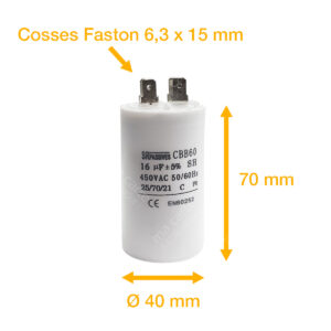Condensateur 16uF (µF) démarrage / permanent pour moteur – Cosses Faston 6,3mm