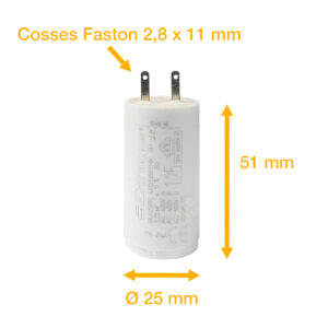 Condensateur 1,25uF (µF) ICAR Ecofill MLR25PRL démarrage / permanent pour moteur – Cosses Faston 2,8mm