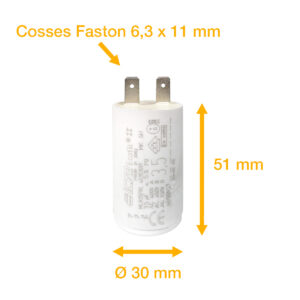 Condensateur 3,5uF (µF) ICAR Ecofill MLR25PRL démarrage / permanent pour moteur – Cosses Faston 6,3mm