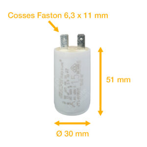 Condensateur 1,5uF (µF) ICAR Ecofill WB 4015 démarrage / permanent pour moteur – Cosses Faston 6,3mm