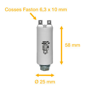 Condensateur 3uF/3µF démarrage / permanent pour moteur – Cosses Faston 6,3mm