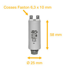 Condensateur 4uF/4µF démarrage / permanent pour moteur – Cosses Faston 6,3mm