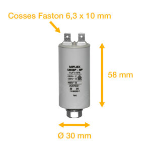 Condensateur 6uF/6µF démarrage / permanent pour moteur – Cosses Faston 6,3mm