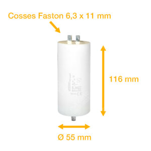 Condensateur 90uF (µF) ICAR Ecofill WB 40900 démarrage / permanent pour moteur – Cosses Faston 6,3mm