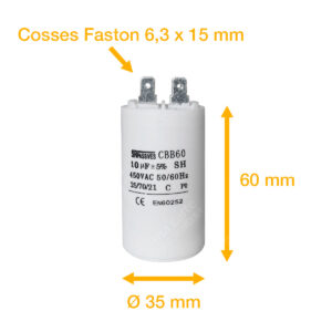 Condensateur 10uF (µF) démarrage / permanent pour moteur – Cosses Faston 6,3mm