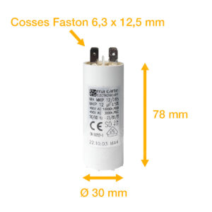 Condensateur 12uF (µF) démarrage / permanent pour moteur – Cosses Faston 6,3mm