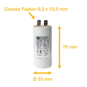 Condensateur 16uF (µF) démarrage / permanent pour moteur – Cosses Faston 6,3mm