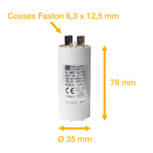 Condensateur 20uF (µF) démarrage / permanent pour moteur – Cosses Faston 6,3mm