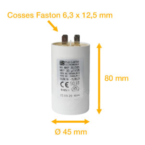 Condensateur 30uF (µF) démarrage / permanent pour moteur – Cosses Faston 6,3mm