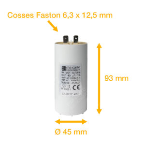 Condensateur 40uF (µF) démarrage / permanent pour moteur – Cosses Faston 6,3mm