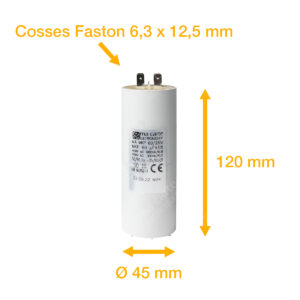 Condensateur 60uF (µF) démarrage / permanent pour moteur – Cosses Faston 6,3mm