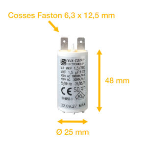 Condensateur 1,5uF (µF) démarrage / permanent pour moteur – Cosses Faston 6,3mm