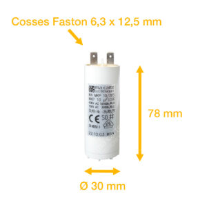 Condensateur 10uF (µF) démarrage / permanent pour moteur – Cosses Faston 6,3mm