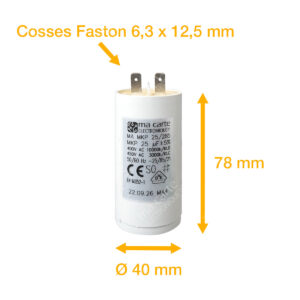 Condensateur 25uF (µF) démarrage / permanent pour moteur – Cosses Faston 6,3mm