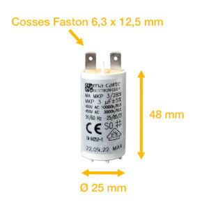 Condensateur 3uF/3µF démarrage / permanent pour moteur – Cosses Faston 6,3mm
