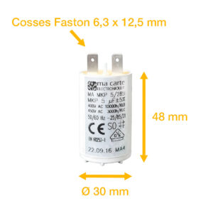 Condensateur 5uF/5µF démarrage / permanent pour moteur – Cosses Faston 6,3mm
