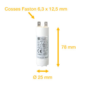 Condensateur 6uF/6µF démarrage / permanent pour moteur – Cosses Faston 6,3mm