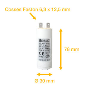 Condensateur 8uF/8µF démarrage / permanent pour moteur – Cosses Faston 6,3mm